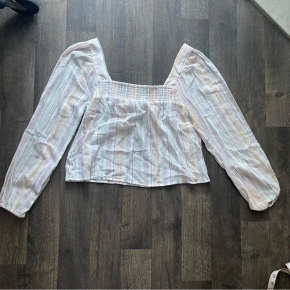 BCBGeneration Multicolor Square Neckline Smocked Long Sleeve Top Size M - Picture 3 of 7